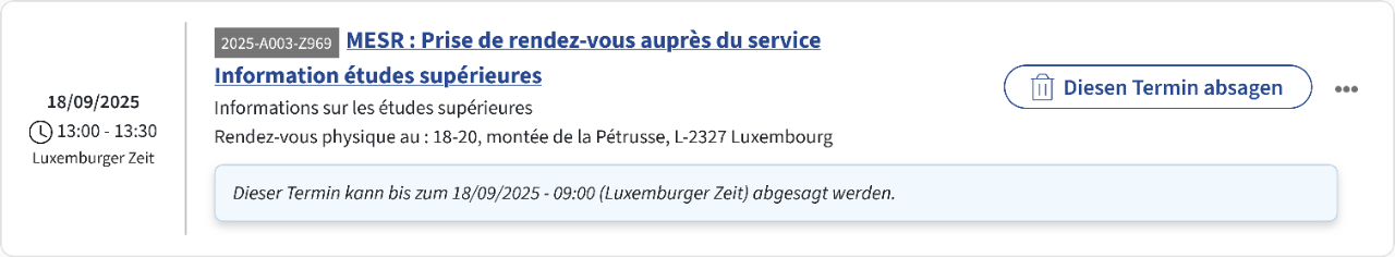 Stornierung des Termins in der Rubrik „Meine Termine“