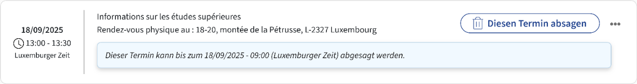 Stornierung des Termins im Menüpunkt „Termine“ des übermittelten Vorgangs unter „Meine Vorgänge“