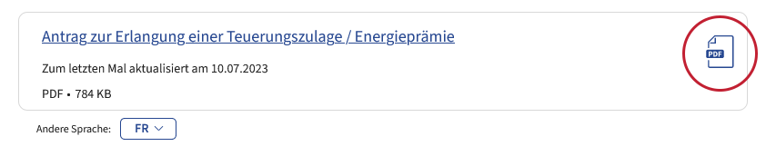 Capture d’écran du bouton de téléchargement dans la rubrique "Service en ligne et formulaires" d’une fiche descriptive sur Guichet.lu sur lequel le symbole PDF bleu (qui se trouve dans la partie droite du bouton) est entouré d’un cercle rouge.