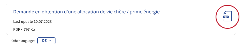Capture d’écran du bouton de téléchargement dans la rubrique "Service en ligne et formulaires" d’une fiche descriptive sur Guichet.lu sur lequel le symbole PDF bleu (qui se trouve dans la partie droite du bouton) est entouré d’un cercle rouge.