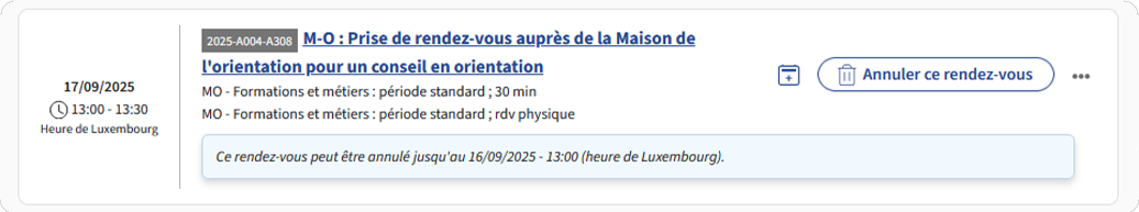 Annulation du rendez-vous dans la rubrique "Mes rendez-vous"
