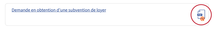 Capture d’écran du bouton de téléchargement dans la rubrique "Service en ligne et formulaires" d’une fiche descriptive sur Guichet.lu sur lequel le symbole PDF bleu (qui se trouve dans la partie droite du bouton) est entouré d’un cercle rouge.