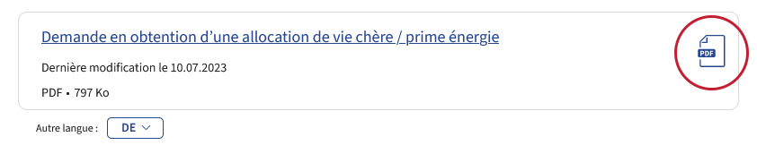 Capture d’écran du bouton de téléchargement dans la rubrique "Service en ligne et formulaires" d’une fiche descriptive sur Guichet.lu sur lequel le symbole PDF bleu (qui se trouve dans la partie droite du bouton) est entouré d’un cercle rouge.